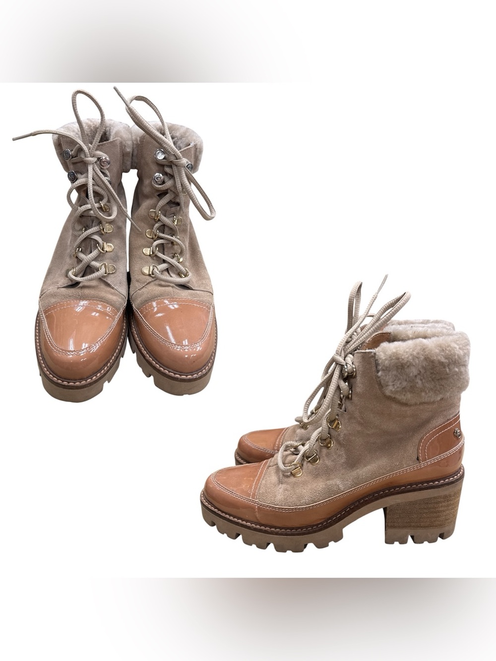 Gadea Beige Suede & Patent Leather Lug Heel Boots Lace-Up Winter Boots S6.5